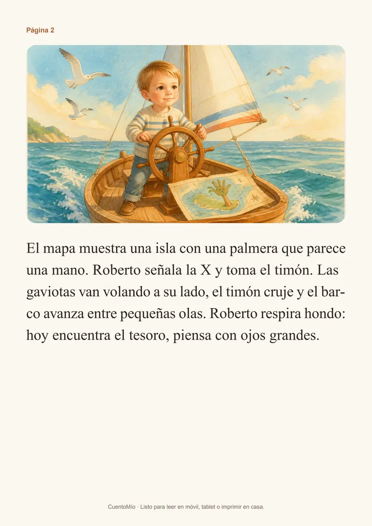 Página interior del cuento de Roberto: ilustración del niño al timón de un barco junto al texto de la historia